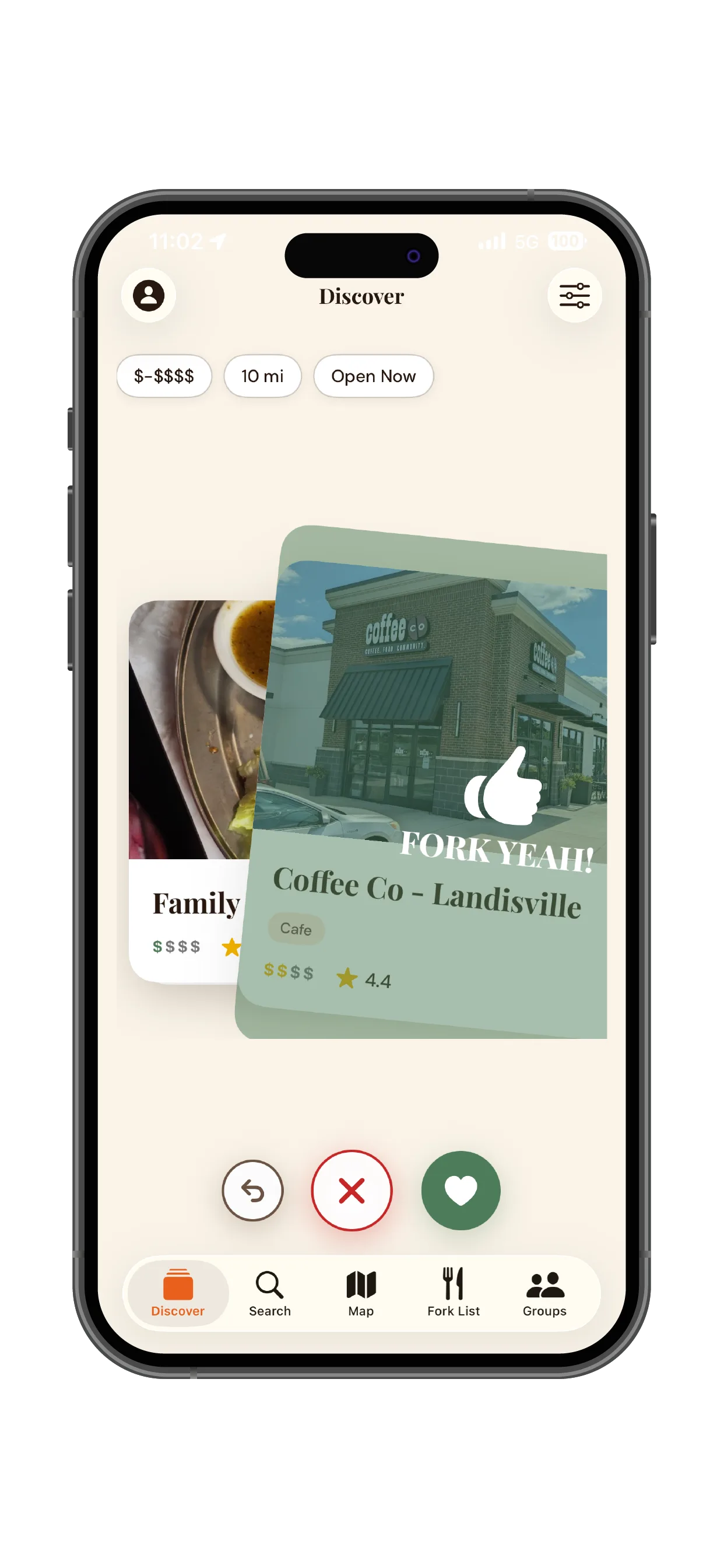 Fork Yeah app showing a restaurant card being swiped with a Fork Yeah rating